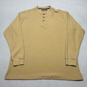 VTG LL Bean Henley Shirt Mens XL Tall Mustard Waffle Knit Long Sleeve‎ Cotton